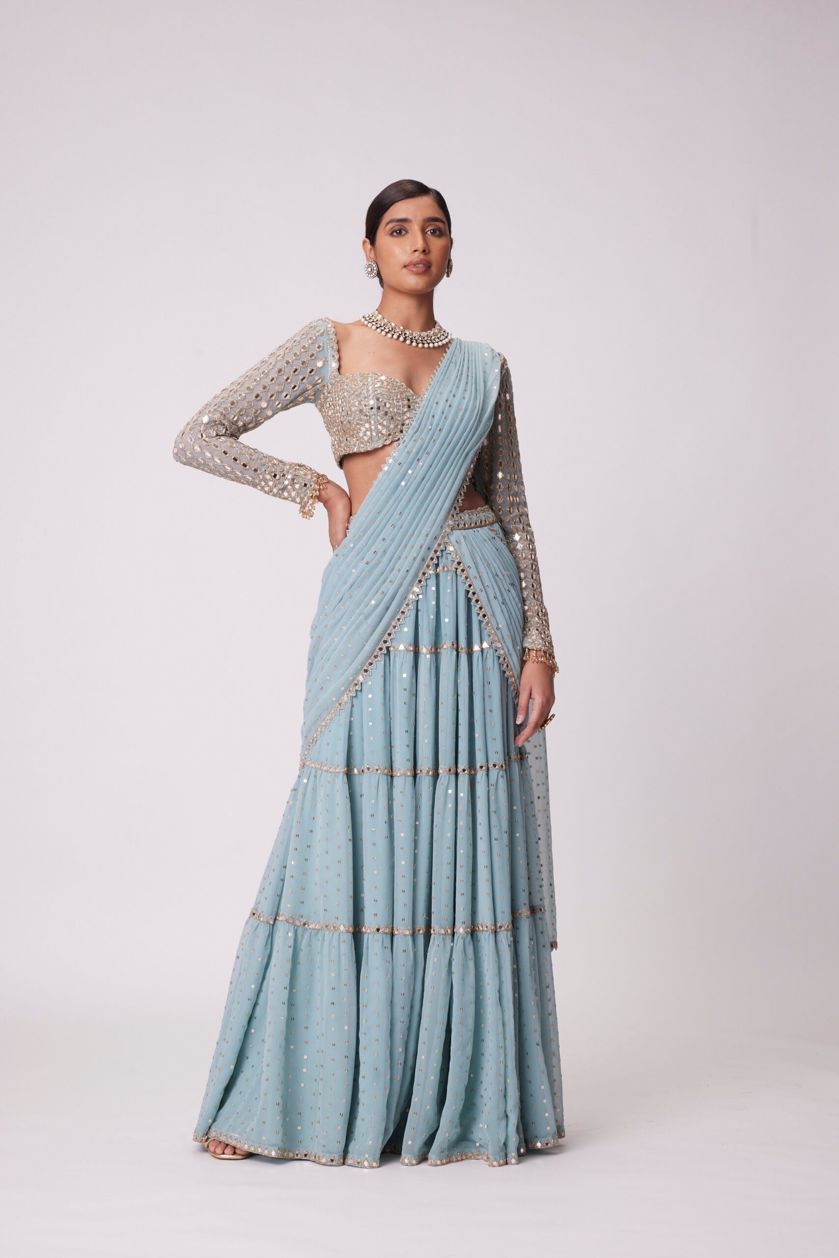 Image of POWDER BLUE MULTI TIER HAND EMBROIDERED SAREE SET