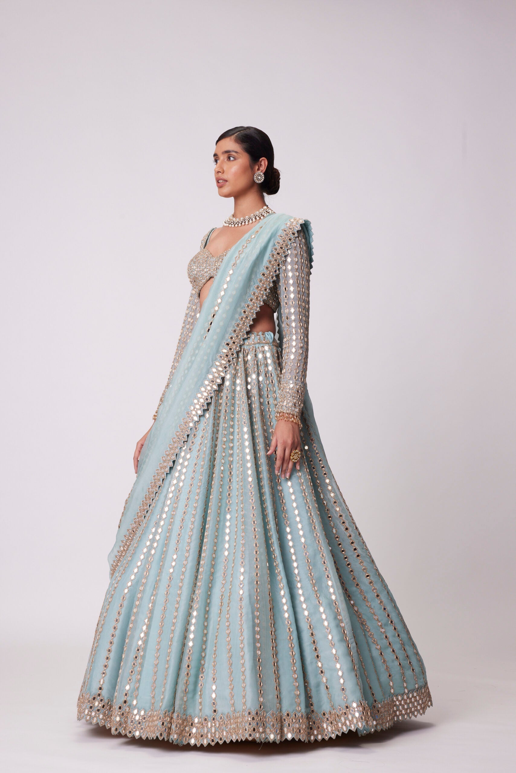 Image of POWDER BLUE LINEAR EMBROIDERED LEHENGA SET