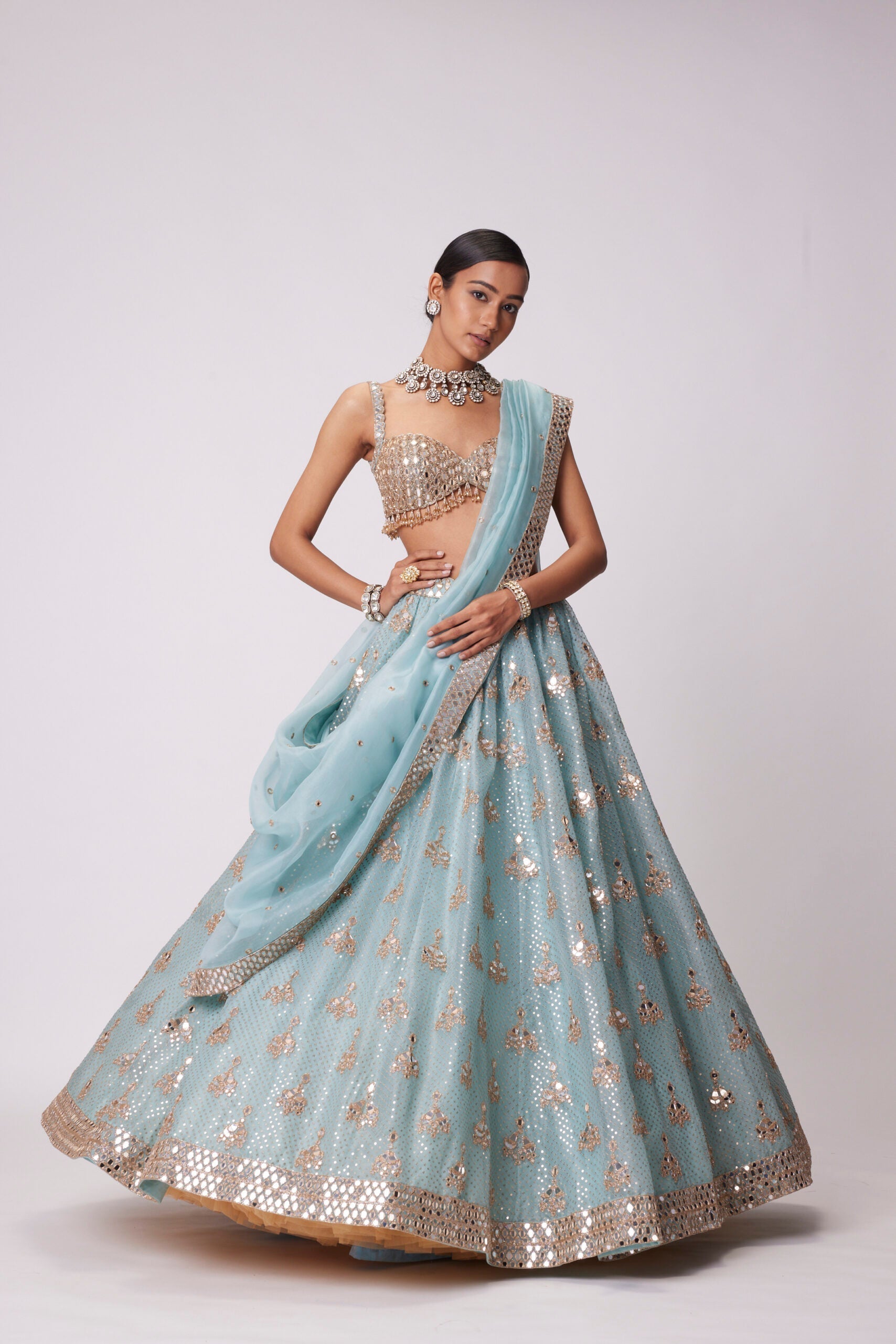 Image of POWDER BLUE ORGANZA SEQUIN EMBROIDERED LEHENGA SET