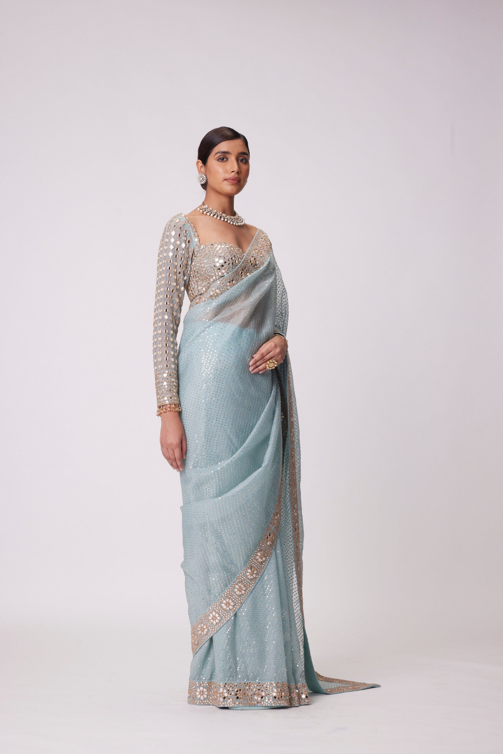 Image of POWDER BLUE ORGANZA SAREE SET