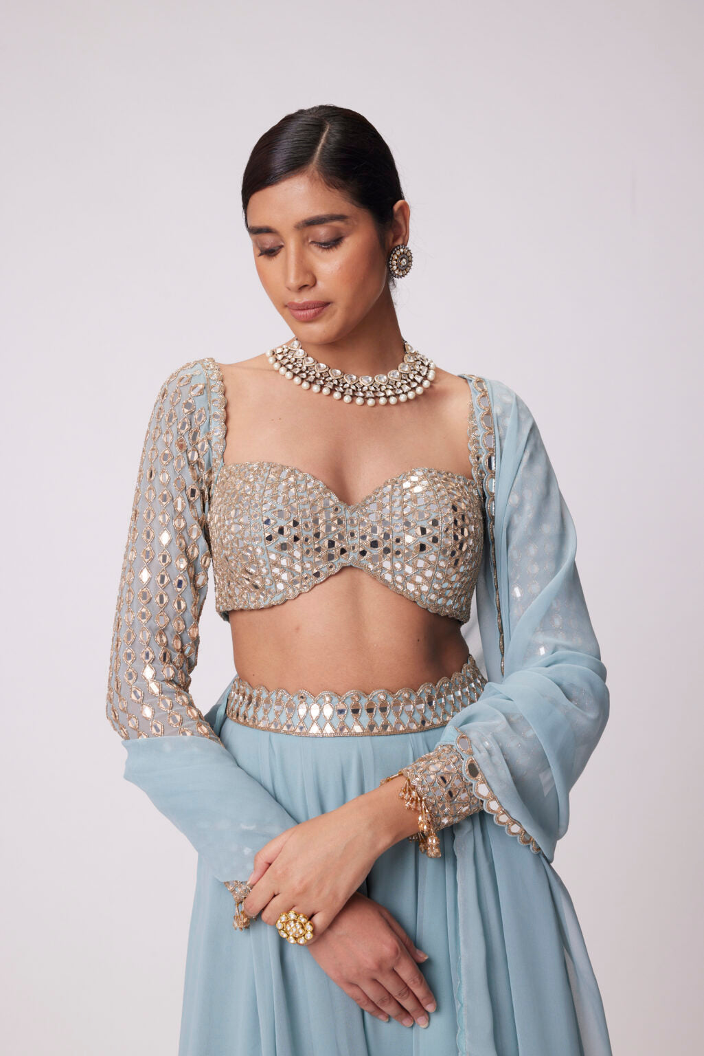 Image of POWDER BLUE LEHENGA PANTS SET