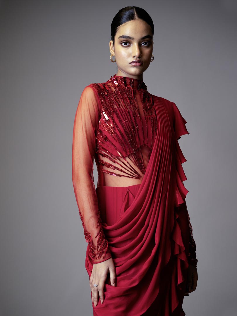 Fuchsia Pink Georgette Sequins 
Hand Embellished Gown Saree