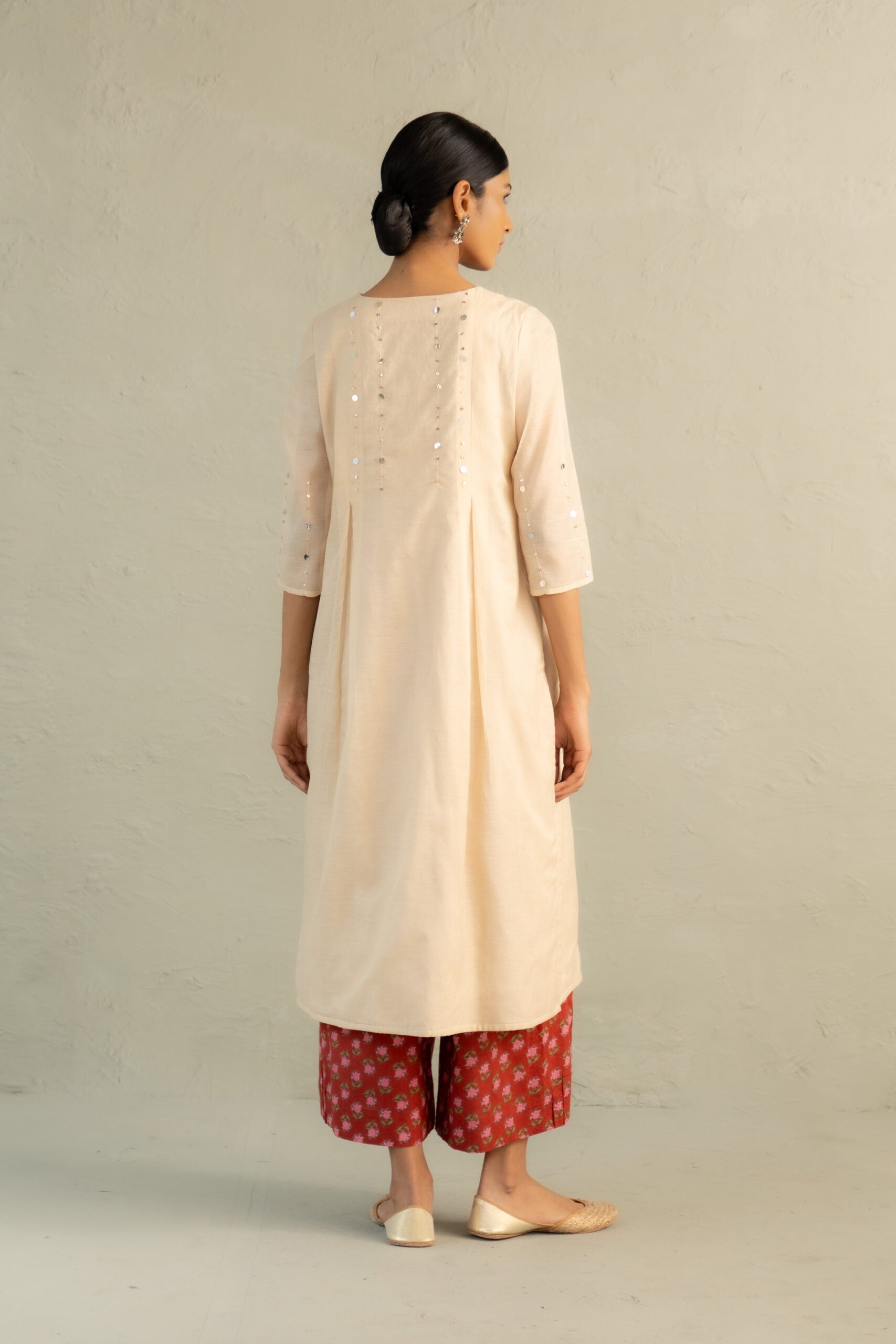 Beige Phool Dori Pleated Kurta Set