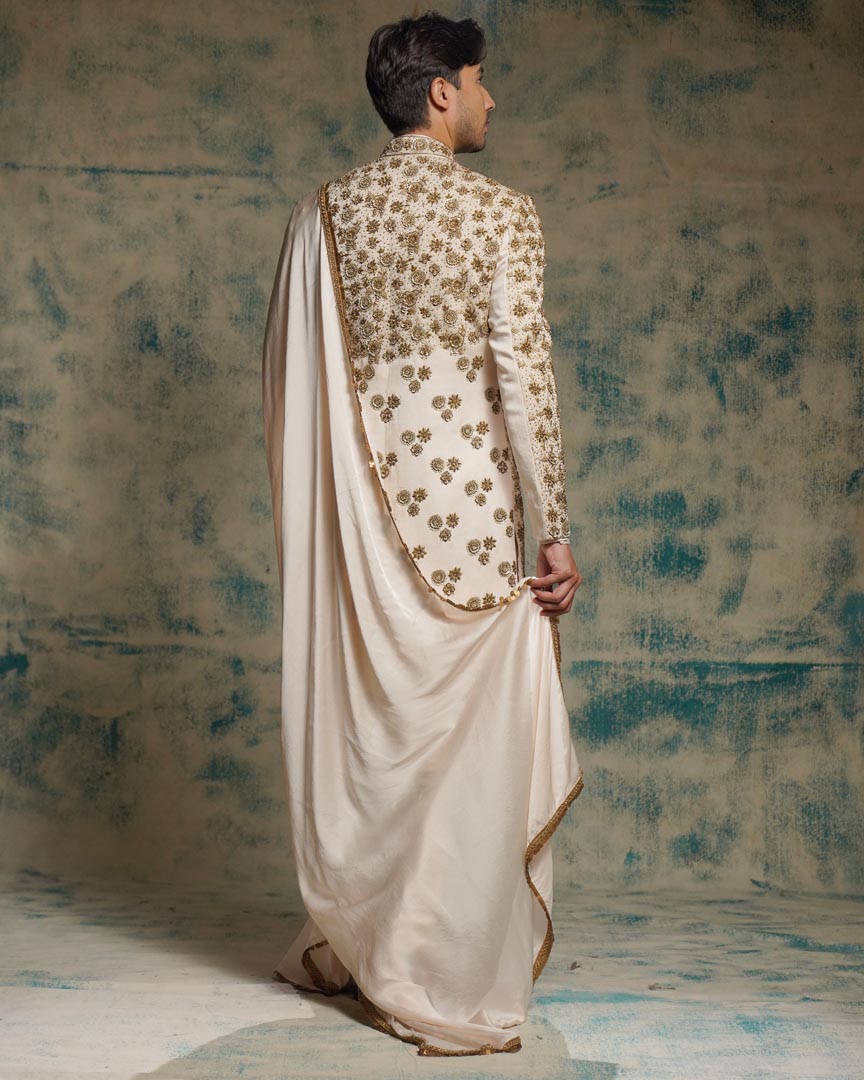Apricot Ivory Silk embriodered zari Sherwani Set