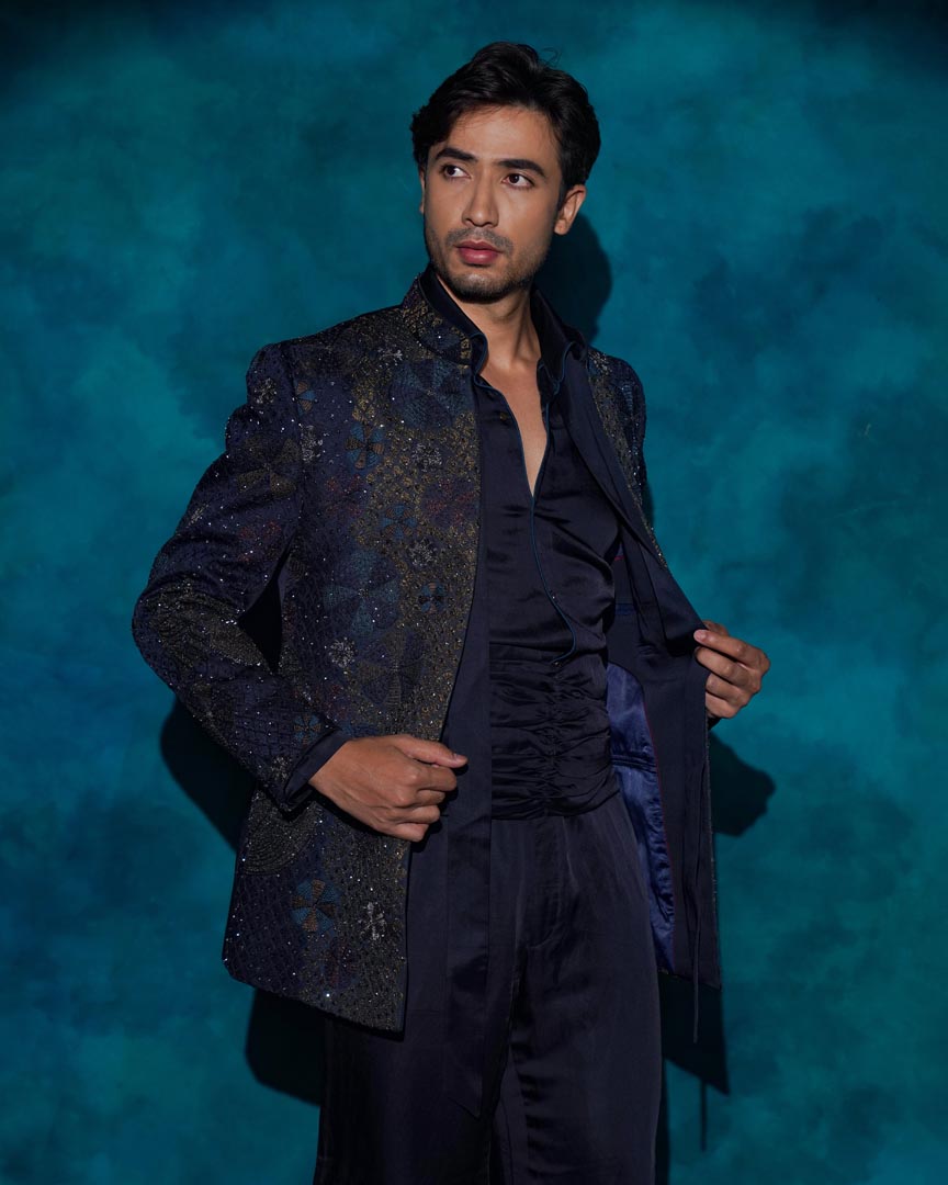 Midnight Blue Hand embroidered short jacket set