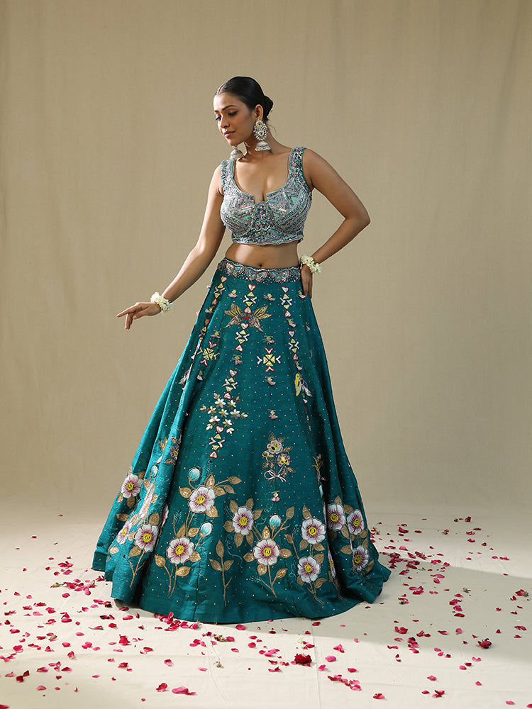Teal green handpainted Lehnga set
