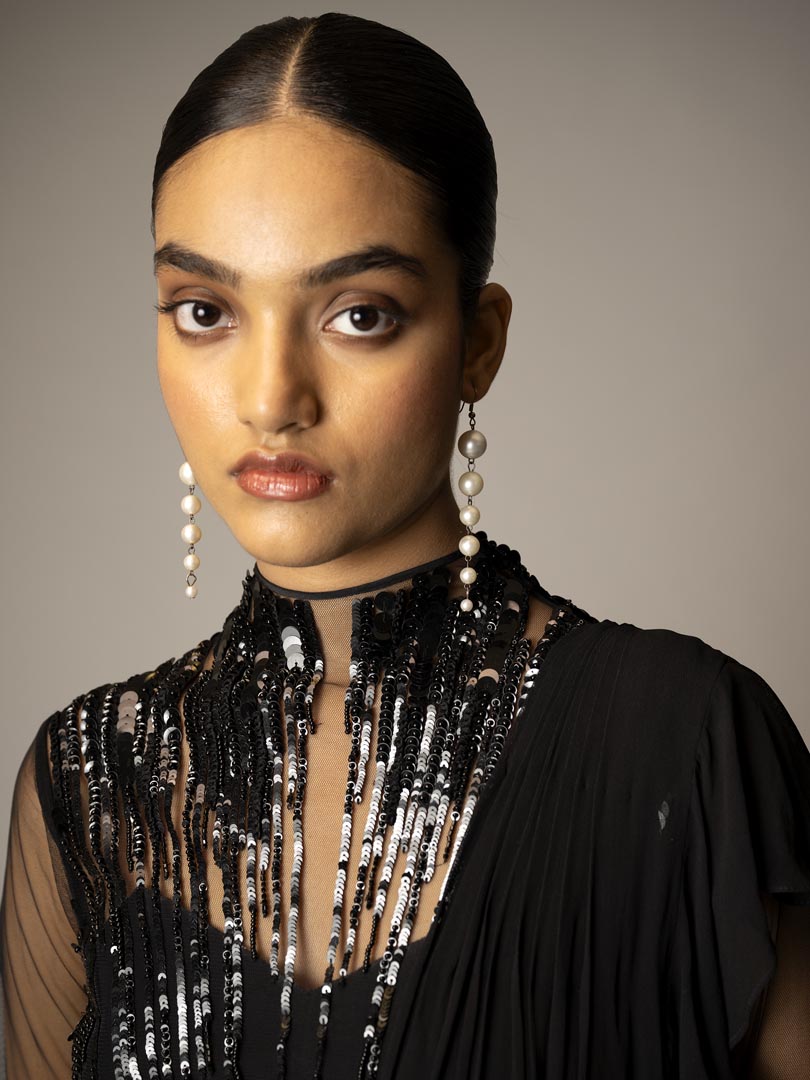 Black Georgette Sequins Hand Embellished Gown Saree