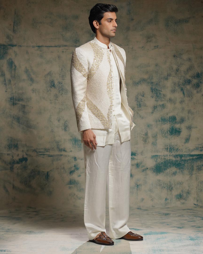 Ivory hand embroidered sequins short jacket set