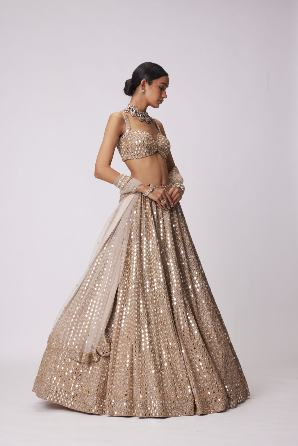 Image of LIGHT BEIGE HAND EMBROIDERED LEHENGA SET