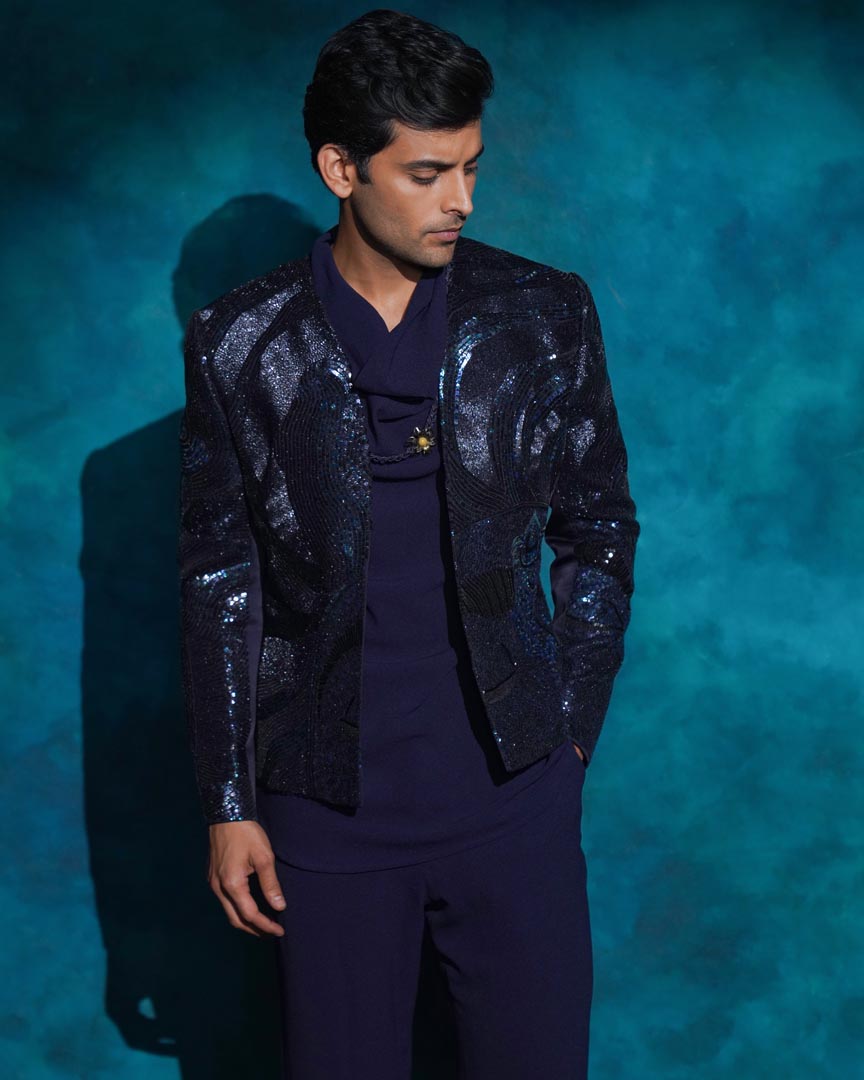 Midnight blue hand embroidered blue sequened short jacket set