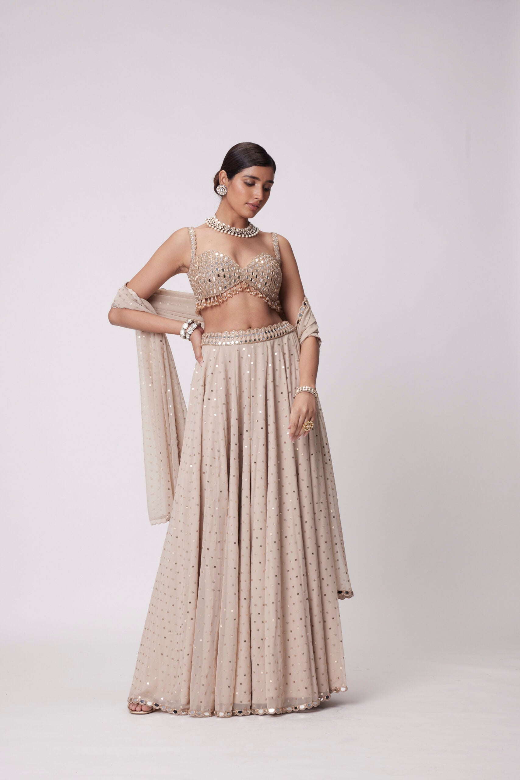 Image of LIGHT BEIGE GEORGETTE LEHENGA PANTS SET