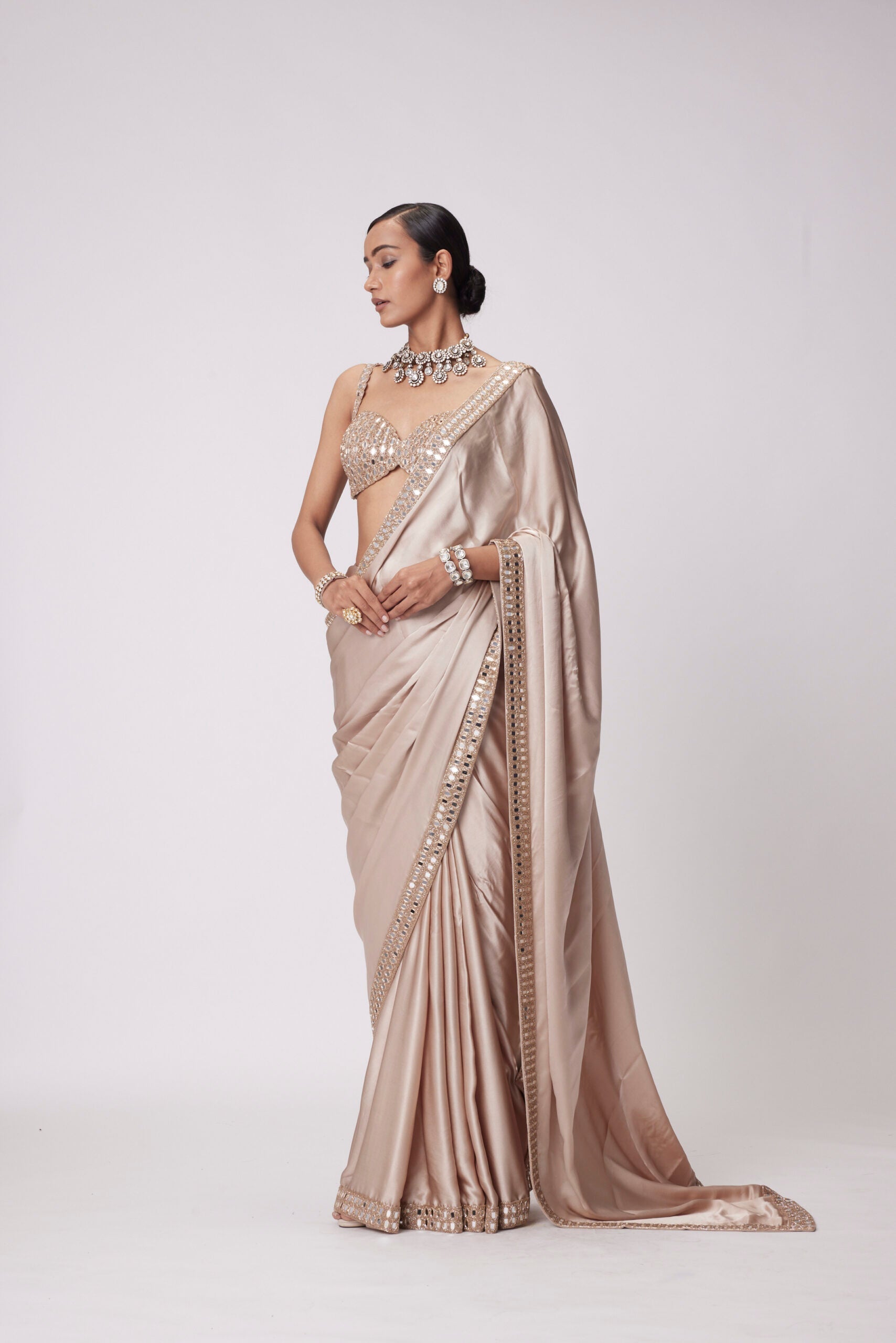 Image of LIGHT BEIGE SATIN SAREE SET