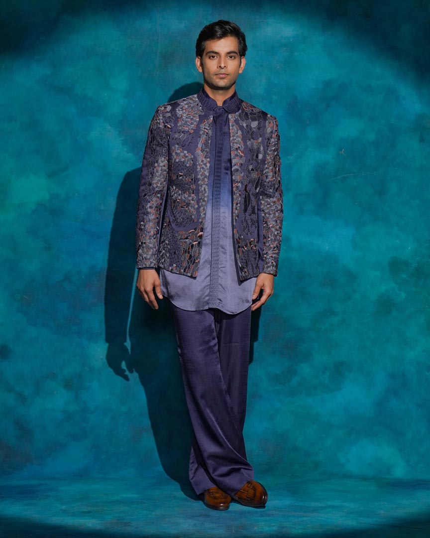 Oceanic Purple hand embroidered short jacket set