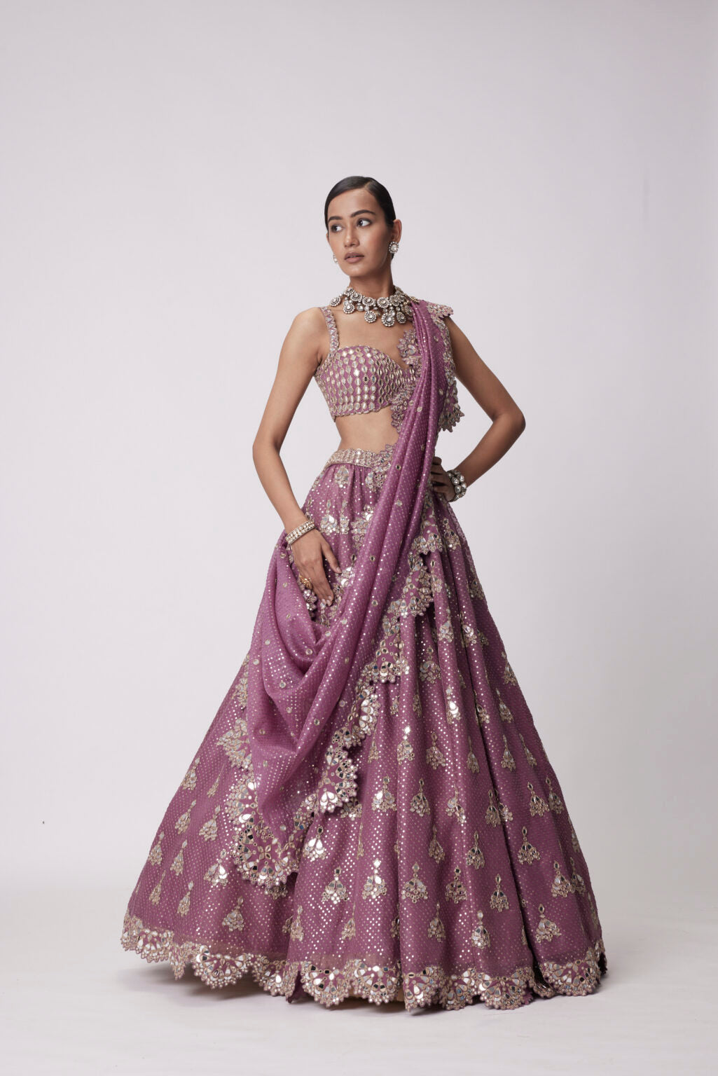 Image of MUD  MAUVE SEQUIN EMBROIDERED LEHENGA SET