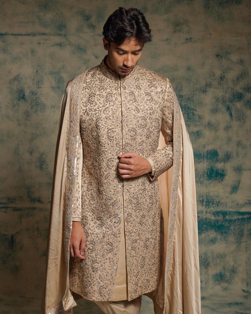 Sand Grey Linen Silk Embriodered Sherwani Set