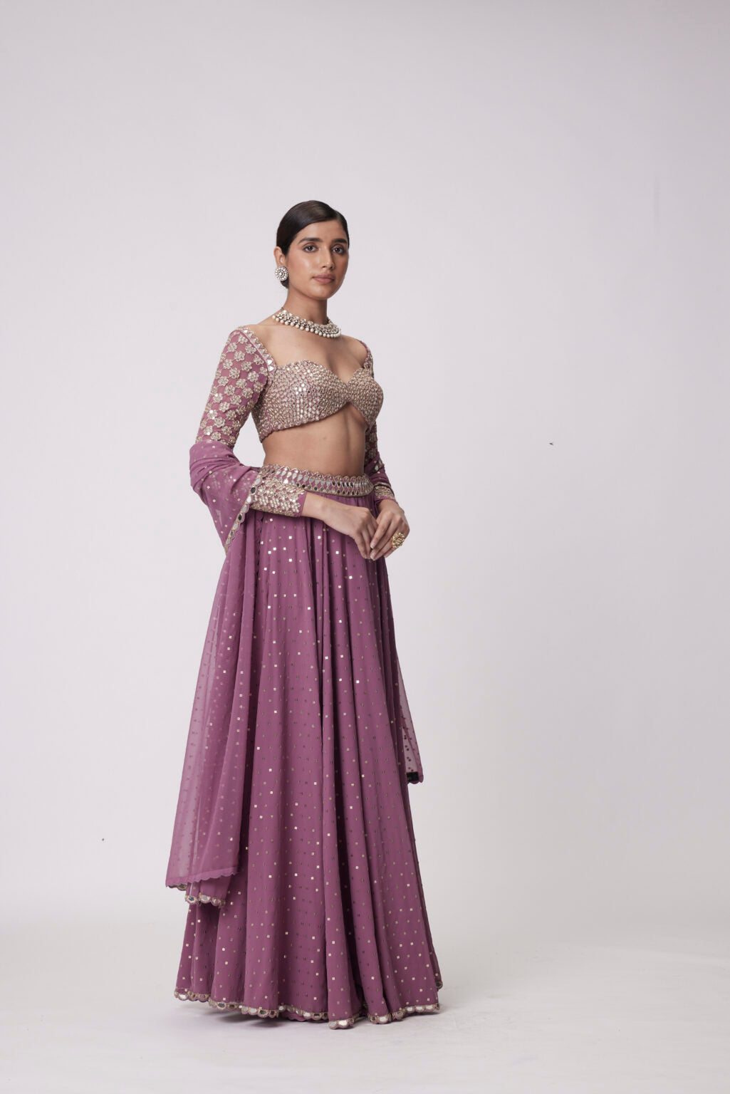 Image of MUD  MAUVE MIRROR EMBROIDERED LEHENGA PANTS SET