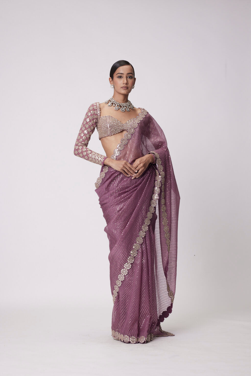 Image of MUD  MAUVE HAND EMBROIDERED ORGANZA SAREE SET