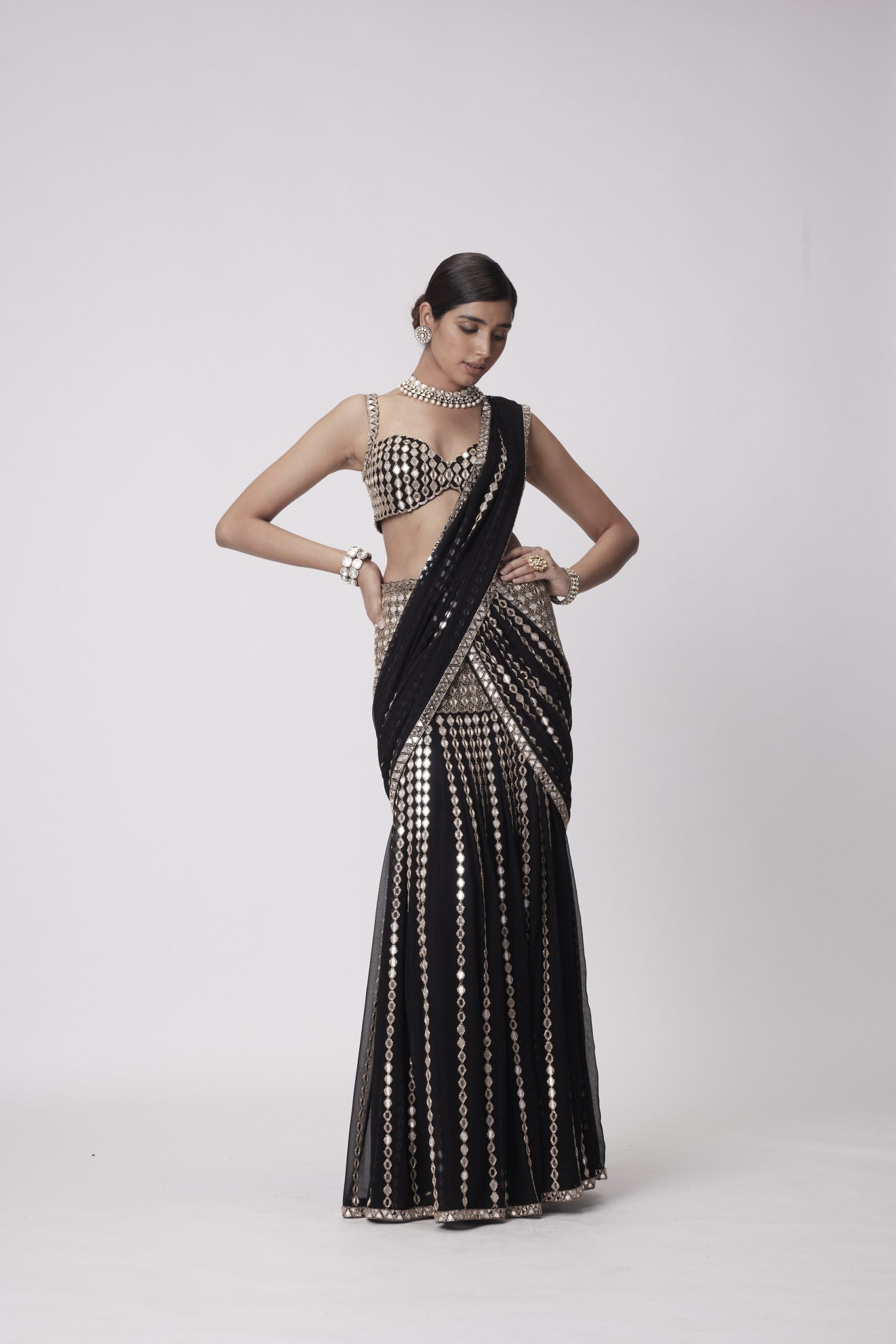 Image of BLACK PRE DRAPED SAREE SET