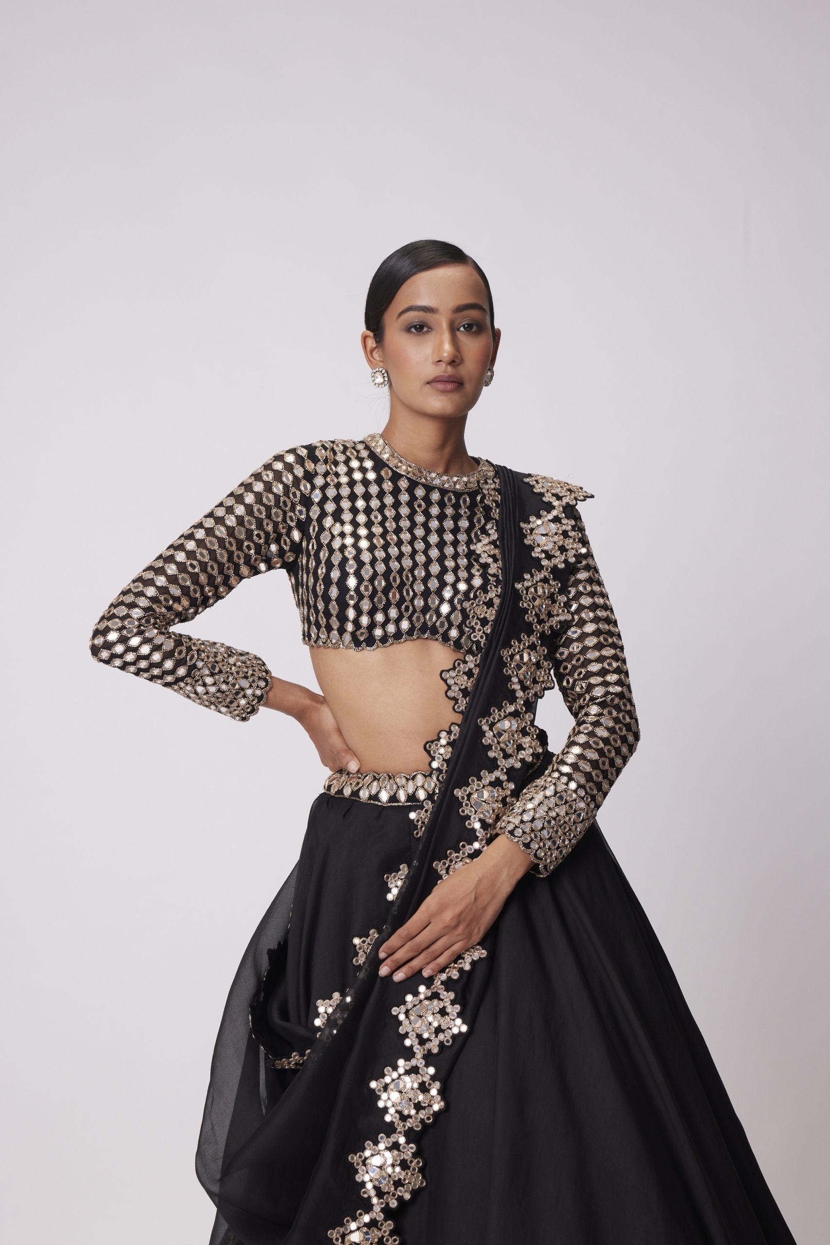 Image of BLACK ORGANZA MIRROR EMBROIDERED LEHENGA SET