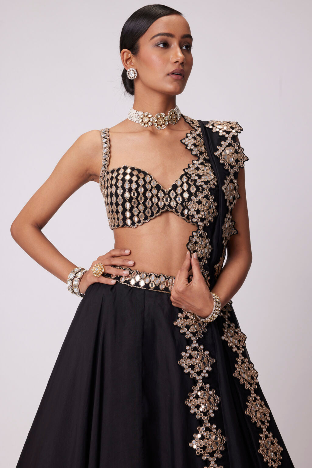 Image of BLACK ORGANZA HAND EMBROIDERED LEHENGA SET