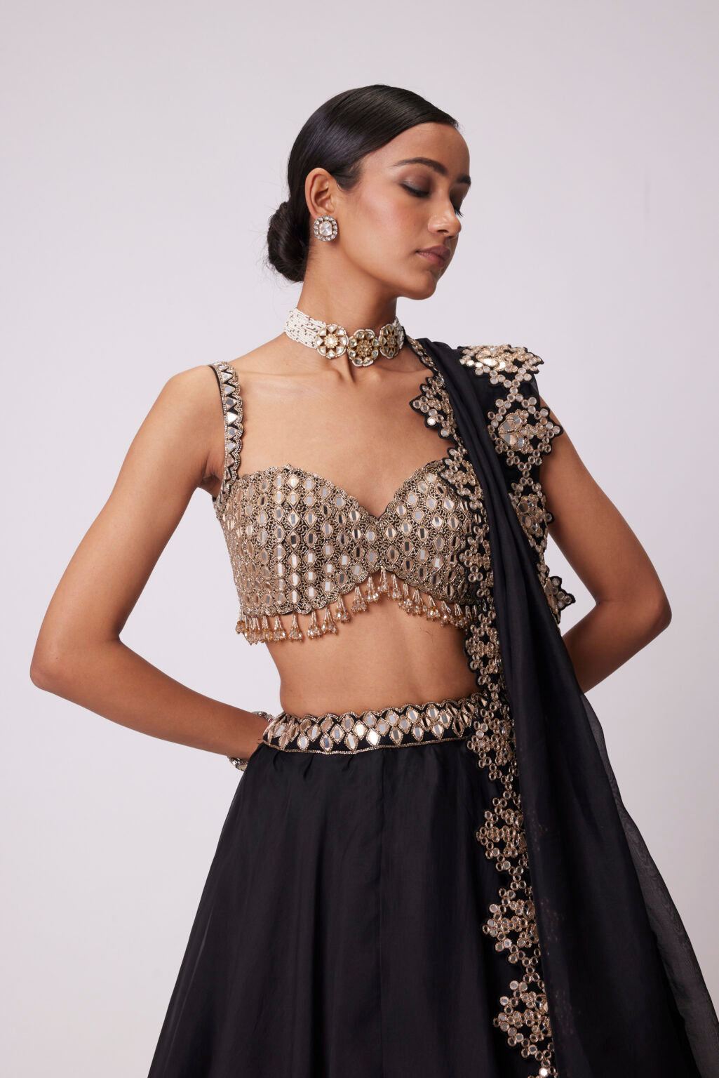 Image of BLACK ORGANZA LEHENGA SET