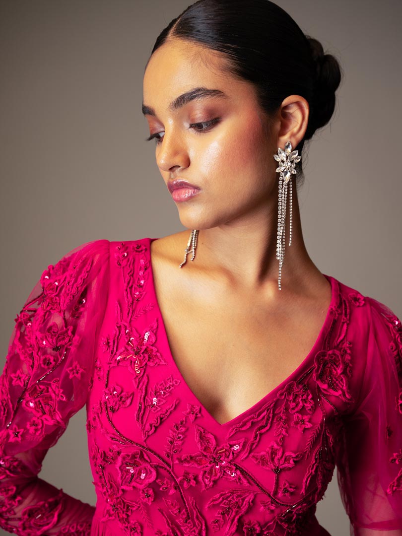 Pink Georgette Bead 3D Embellished
 Gown Saree