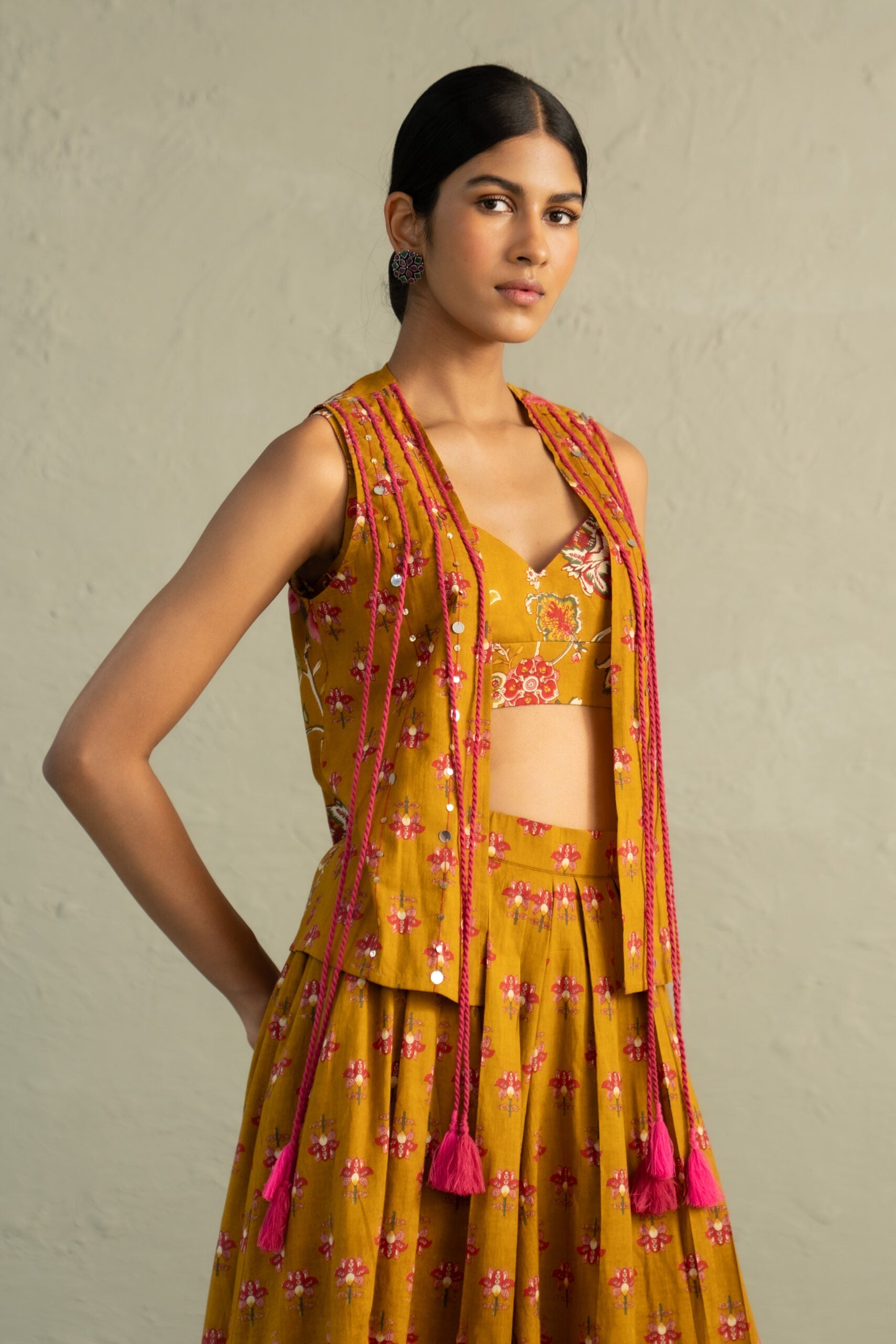 Mustard Phool Dori Coord Skirt Jacket Set