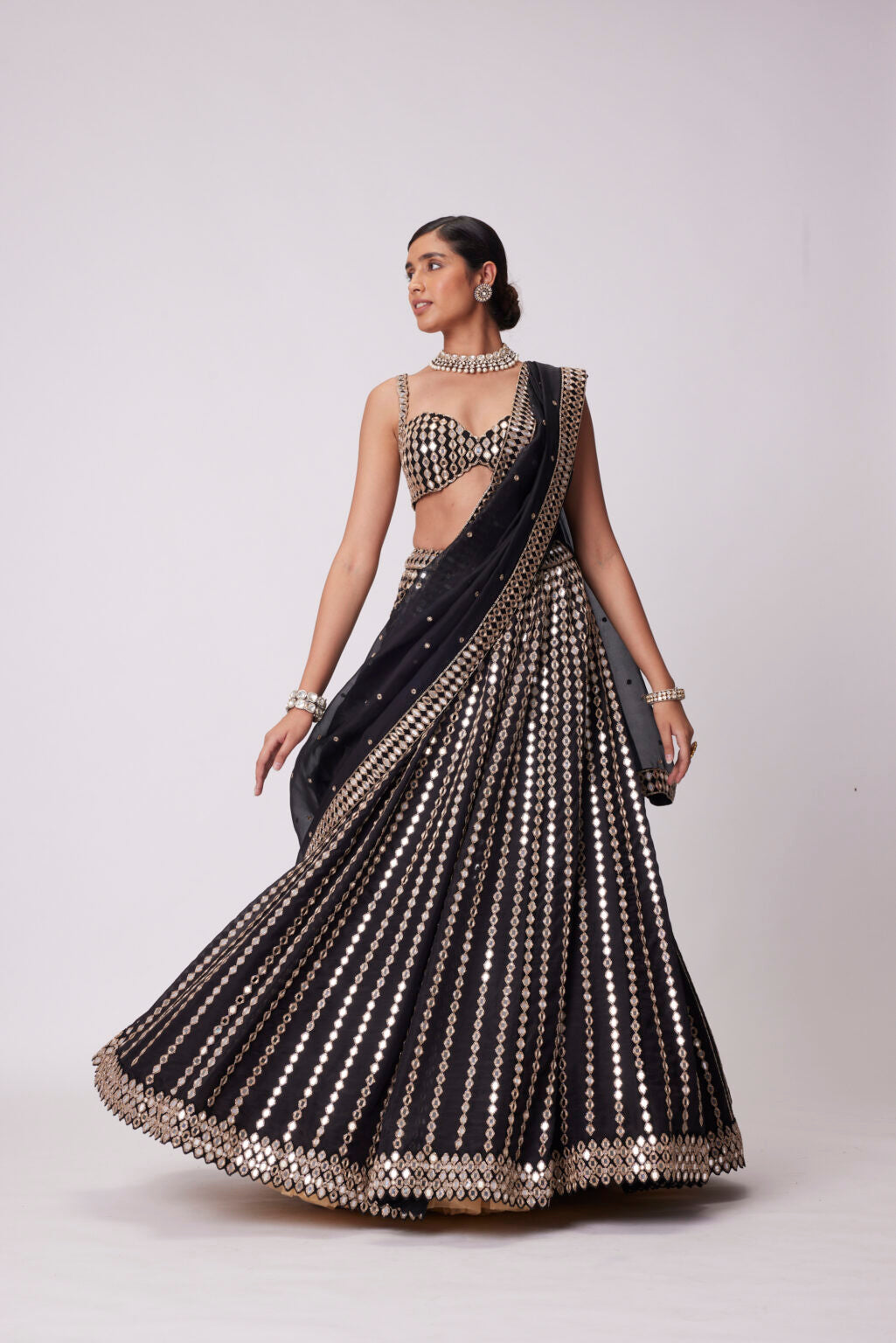 Image of BLACK LINEAR MIRROR EMBROIDERED LEHENGA SET