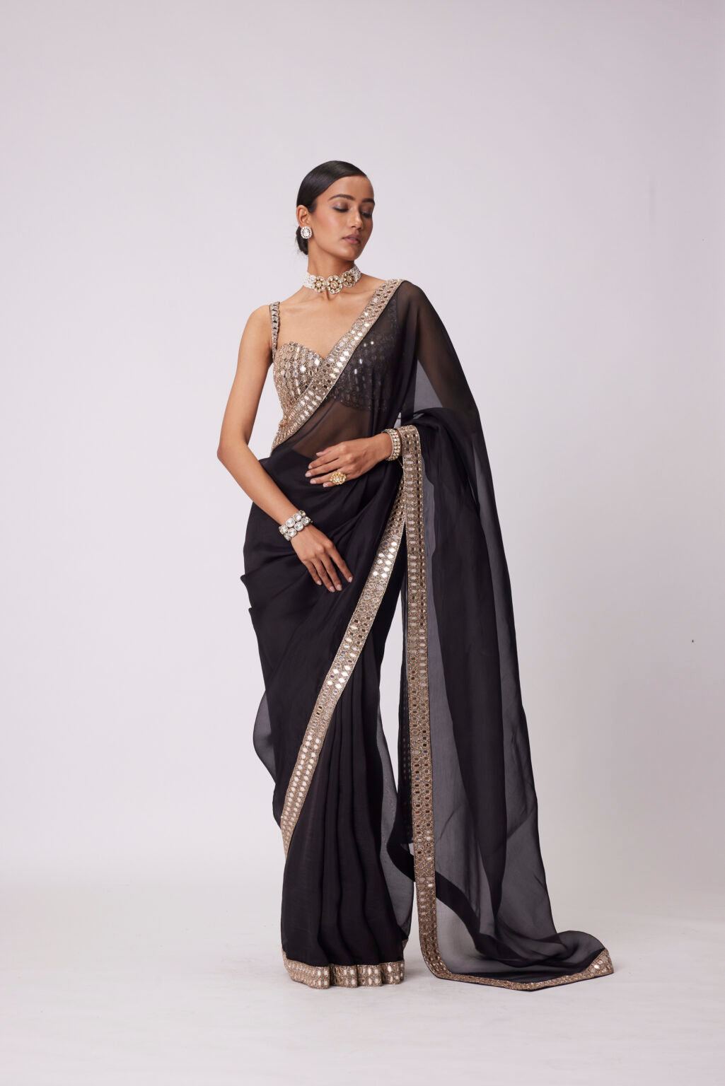 Image of BLACK ORGANZA SAREE SET