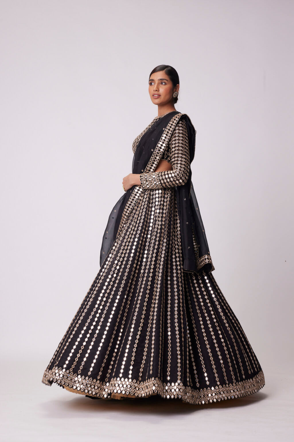 Image of BLACK LINEAR MIRROR EMBROIDERED ORGANZA LEHENGA SET