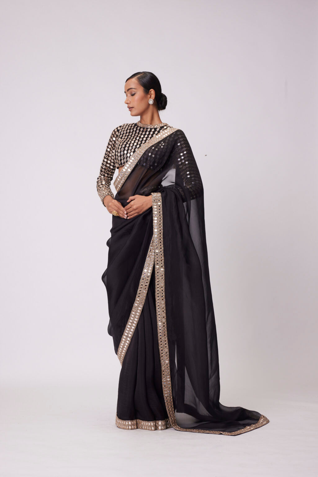 Image of BLACK HAND EMBROIDERED ORGANZA SAREE SET