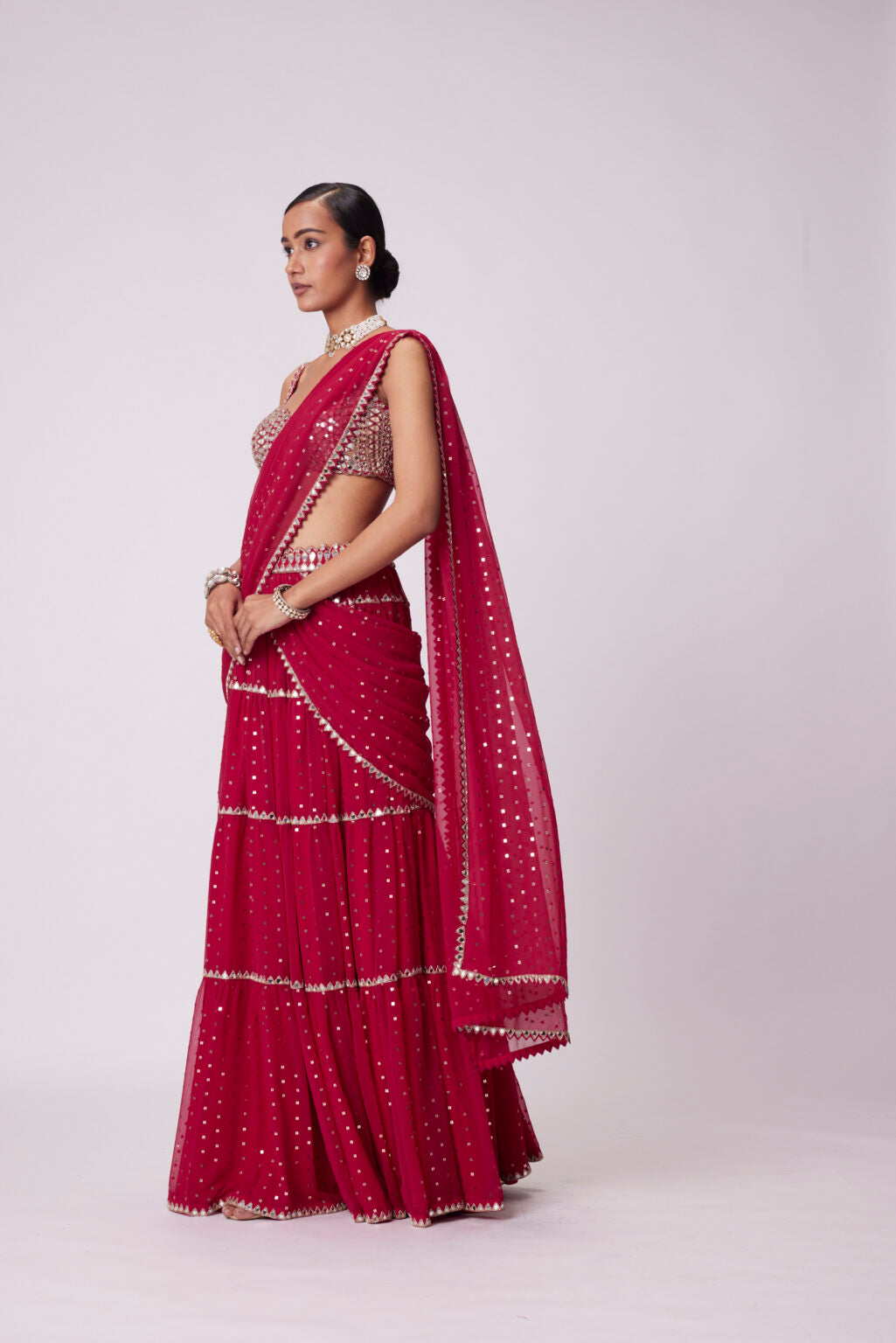 Image of CRIMSON RED MULTI- TIER SEQUIN EMBROIDERED SAREE SET