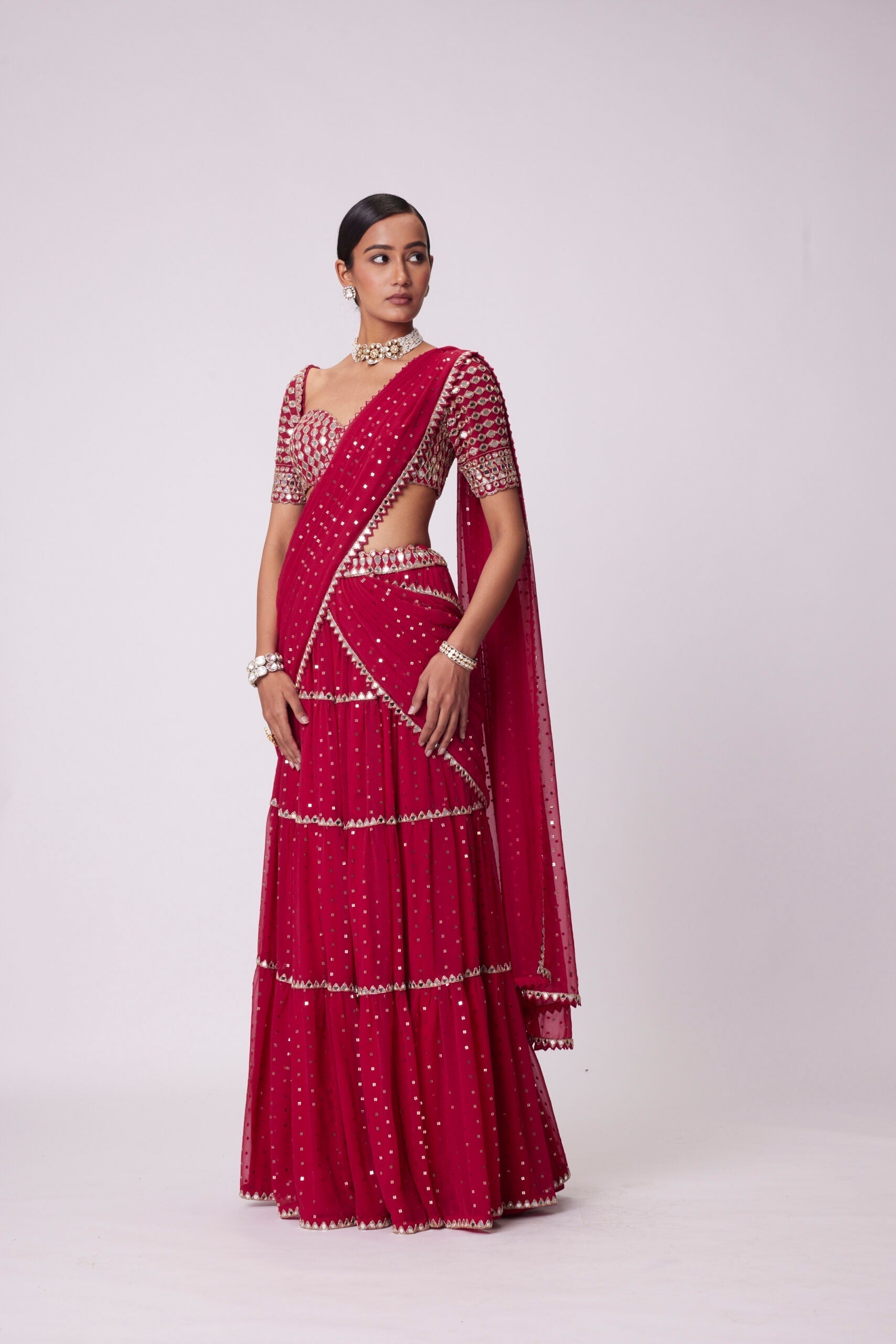 Image of CRIMSON RED MULTI- TIER SAREE SET