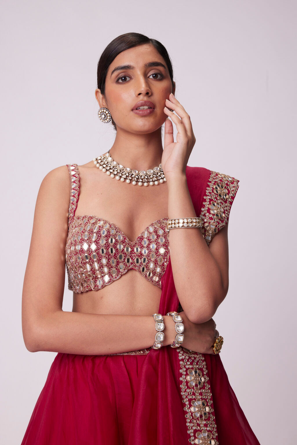 Image of CRIMSON RED ORGANZA LEHENGA SET