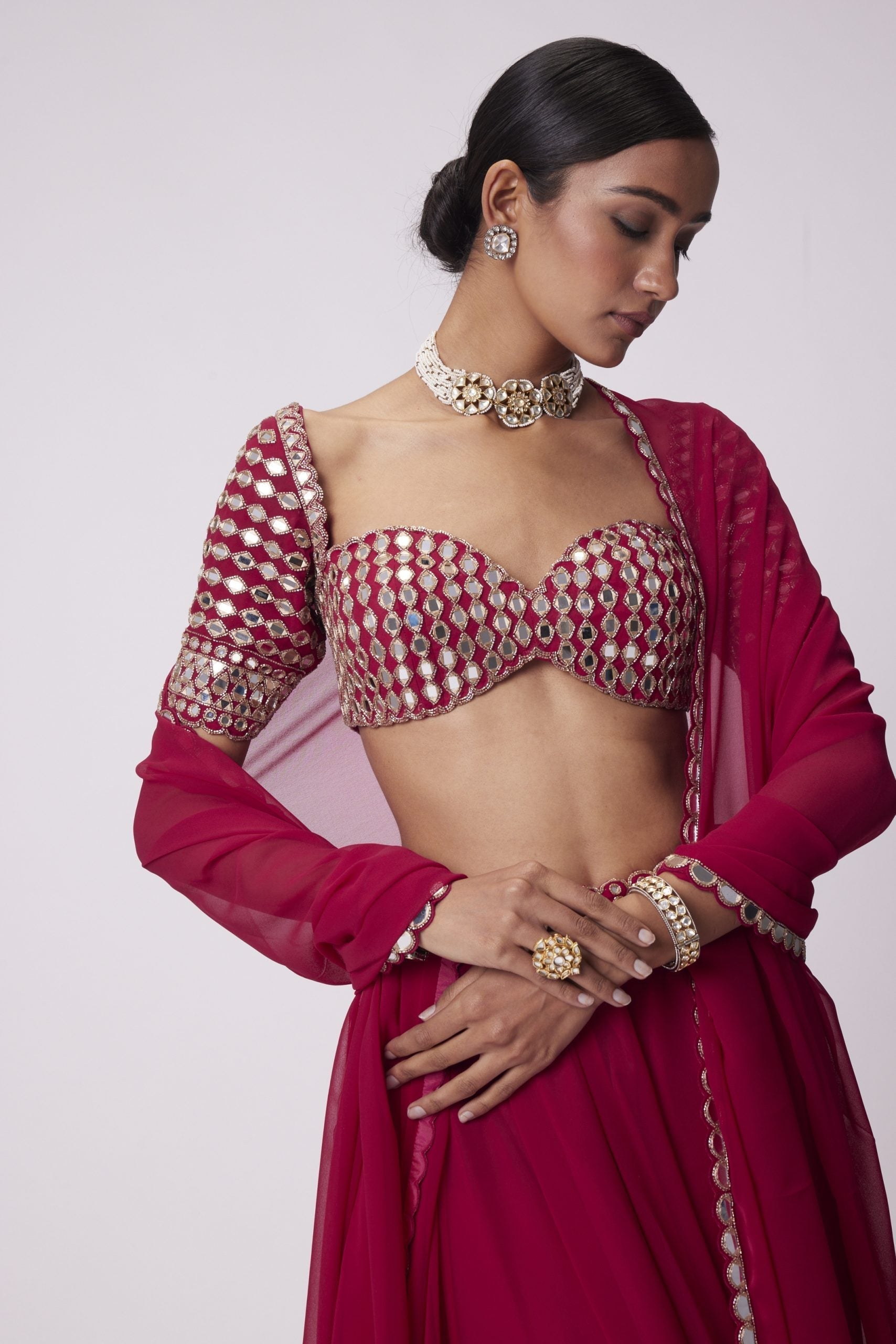 Image of CRIMSON RED GEORGETTE LEHENGA PANTS SET