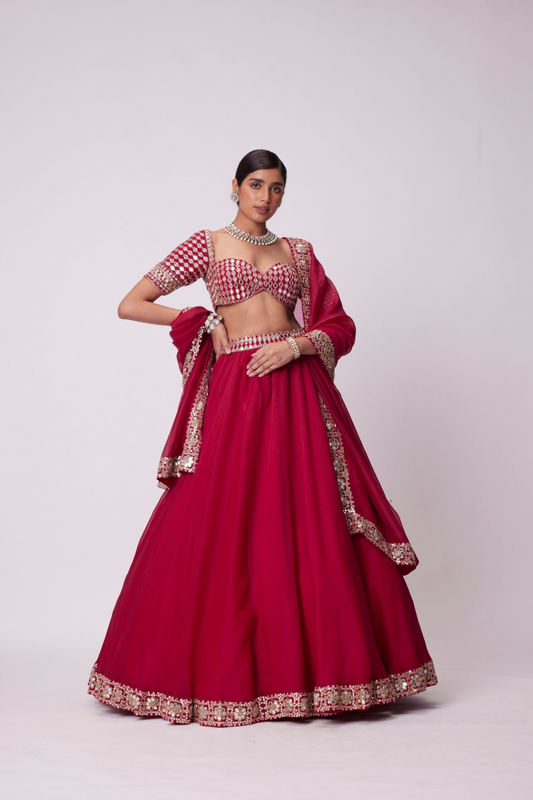 Image of CRIMSON RED ORGANZA MIRROR LEHENGA SET