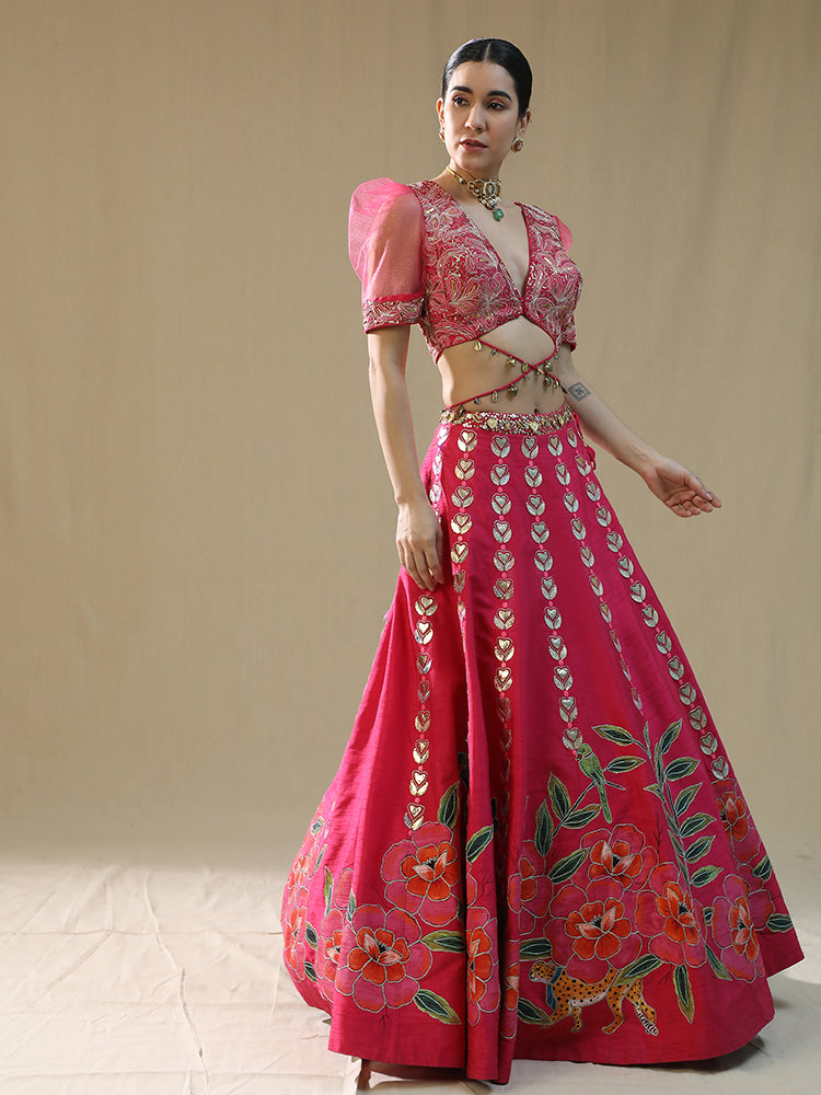 Pink Leopard Handpainted lehnga set