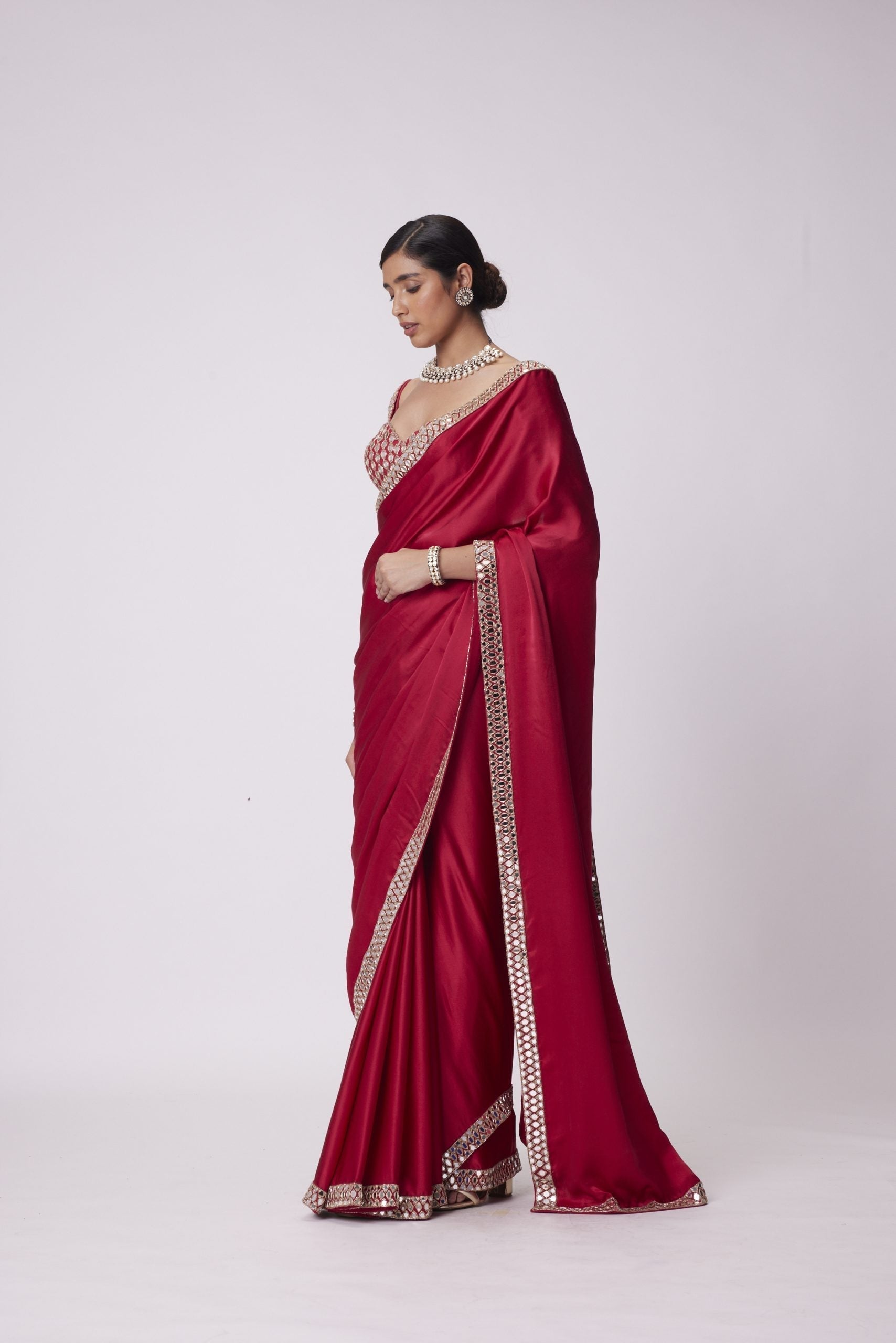 Image of CRIMSON RED  SATIN MIRROR EMBROIDERED SAREE SET