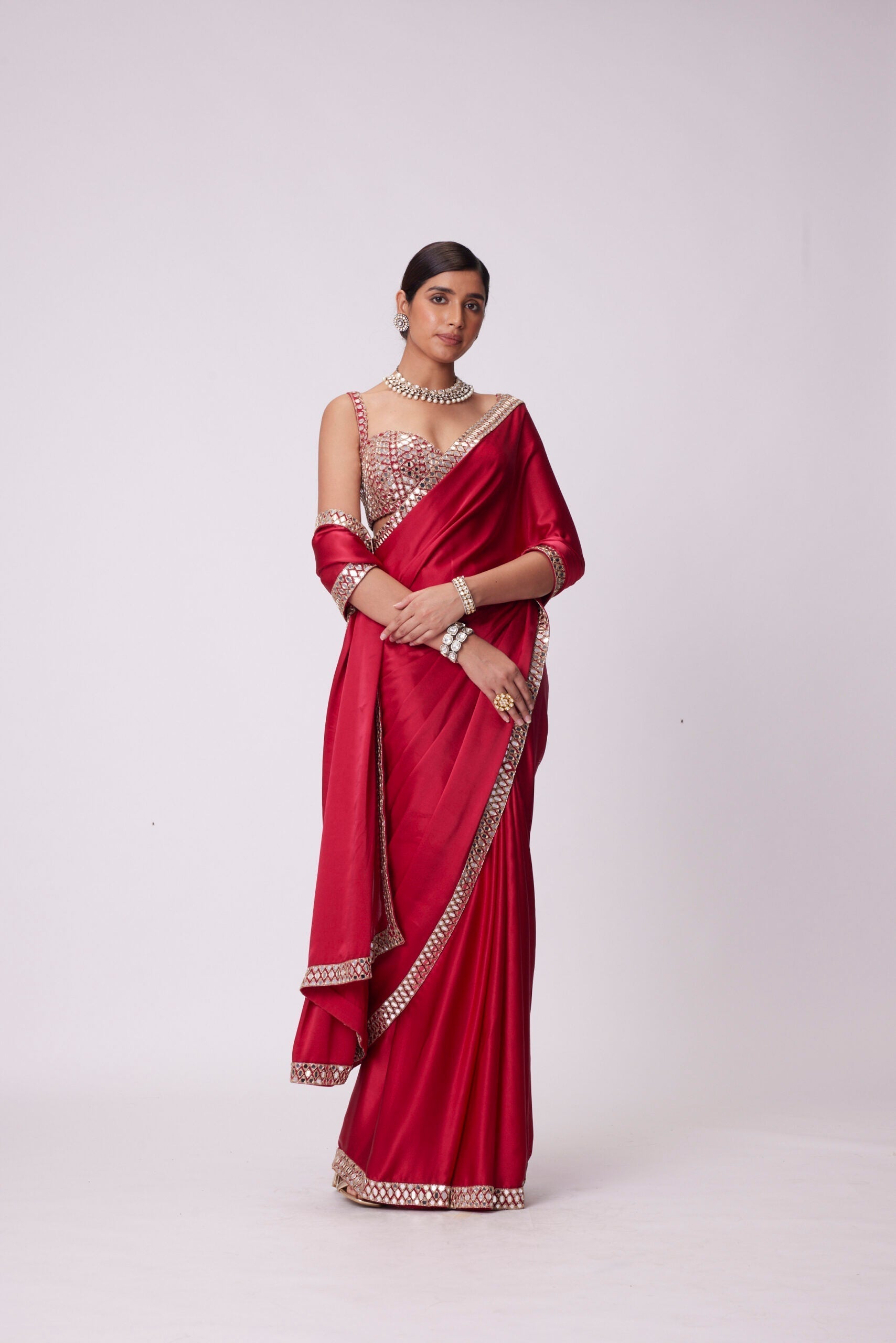 Image of CRIMSON RED SATIN SAREE SET