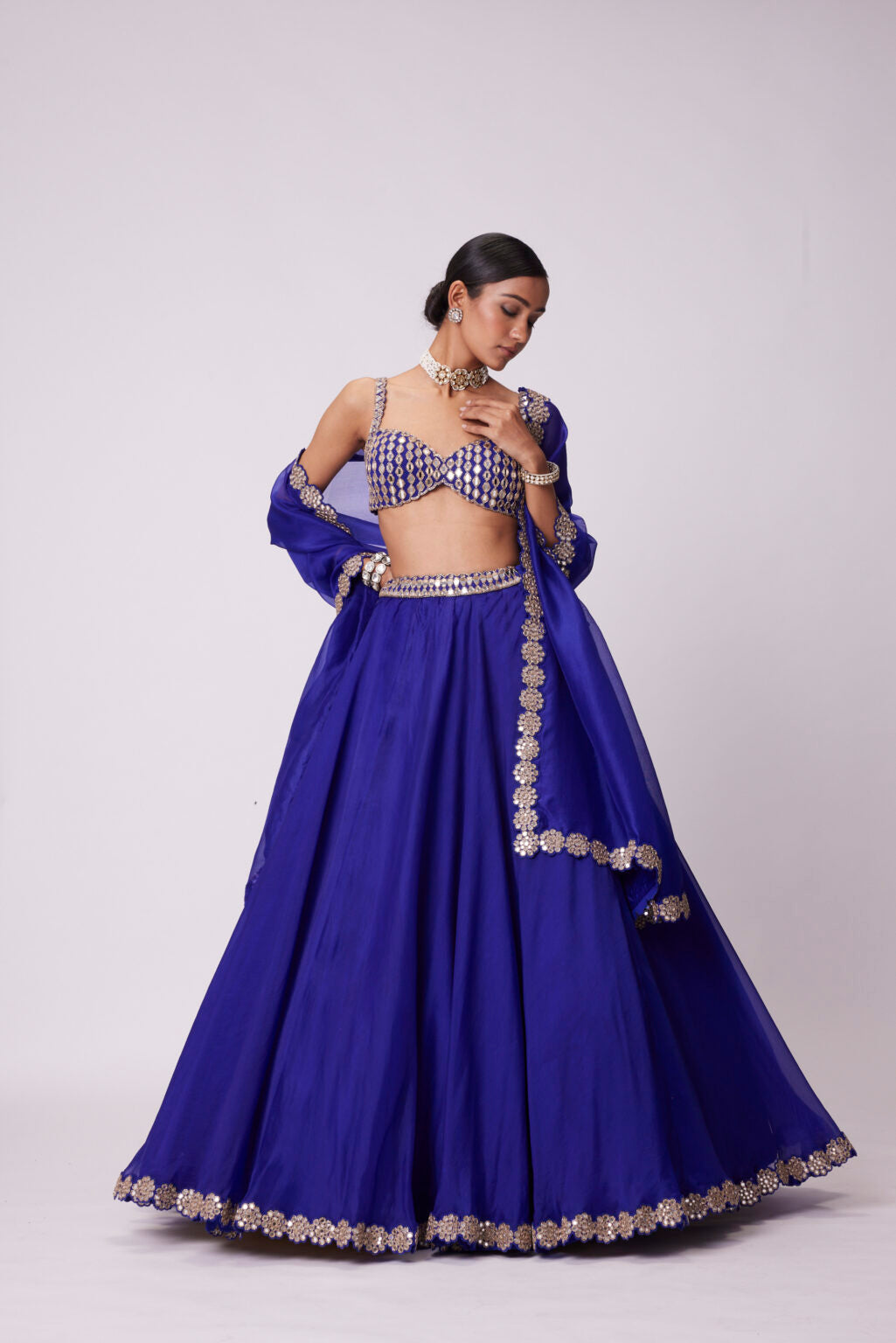 Image of PERSIAN BLUE LINEAR MIRROR EMBROIDERED LEHENGA SET