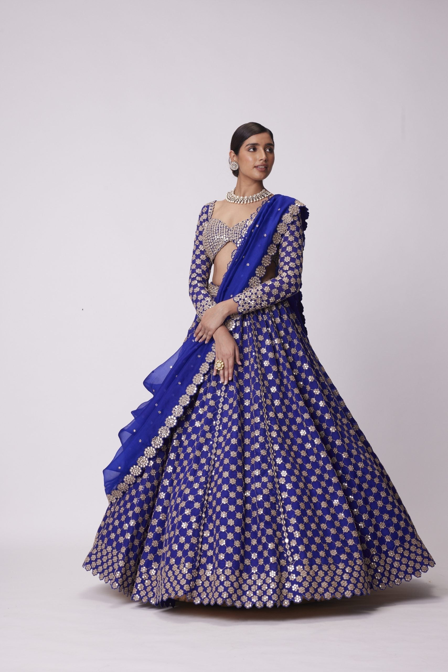 Image of PERSIAN BLUE MIRROR FLOWER HAND EMBROIDERED LEHENGA