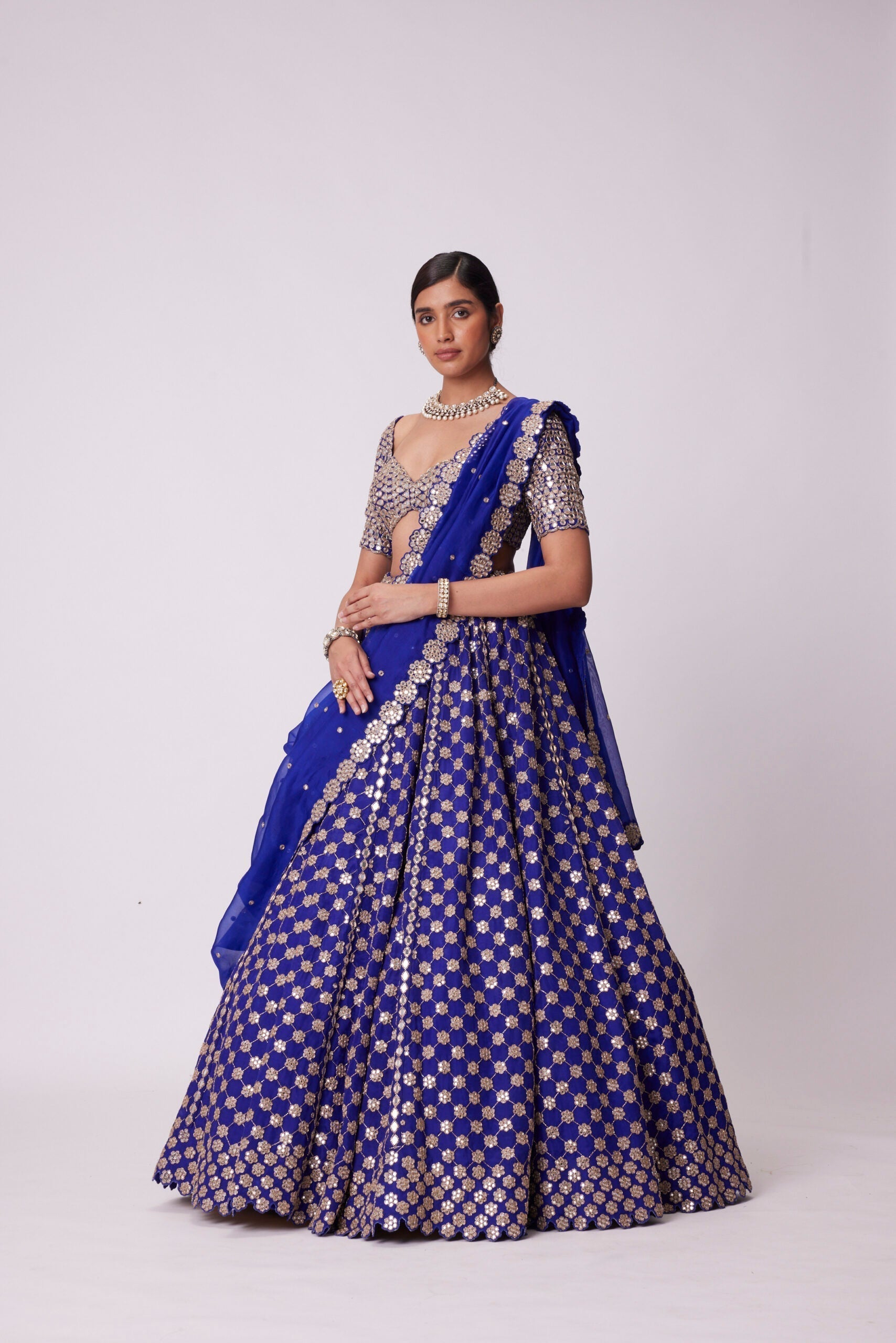 Image of PERSIAN BLUE MIRROR FLOWER EMBROIDERED LEHENGA SET