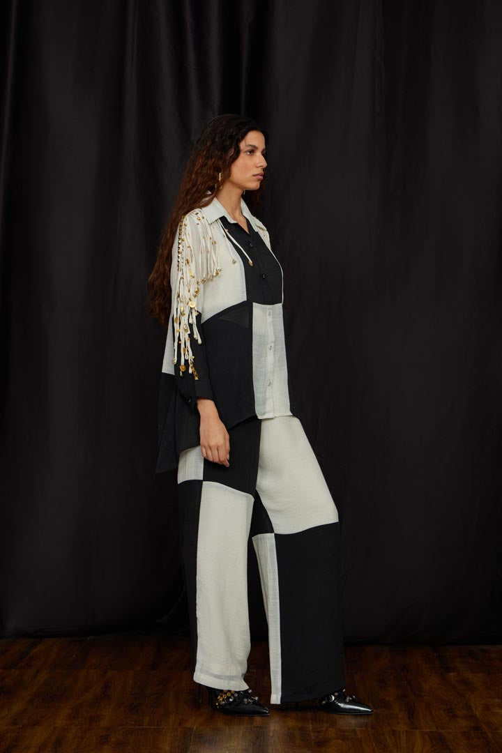 Black & white panelled jhalar shirt set