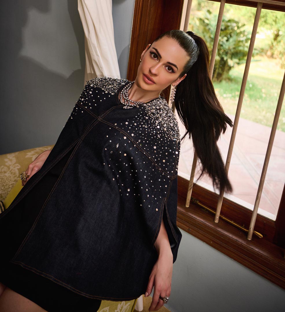 Denim pearl cape