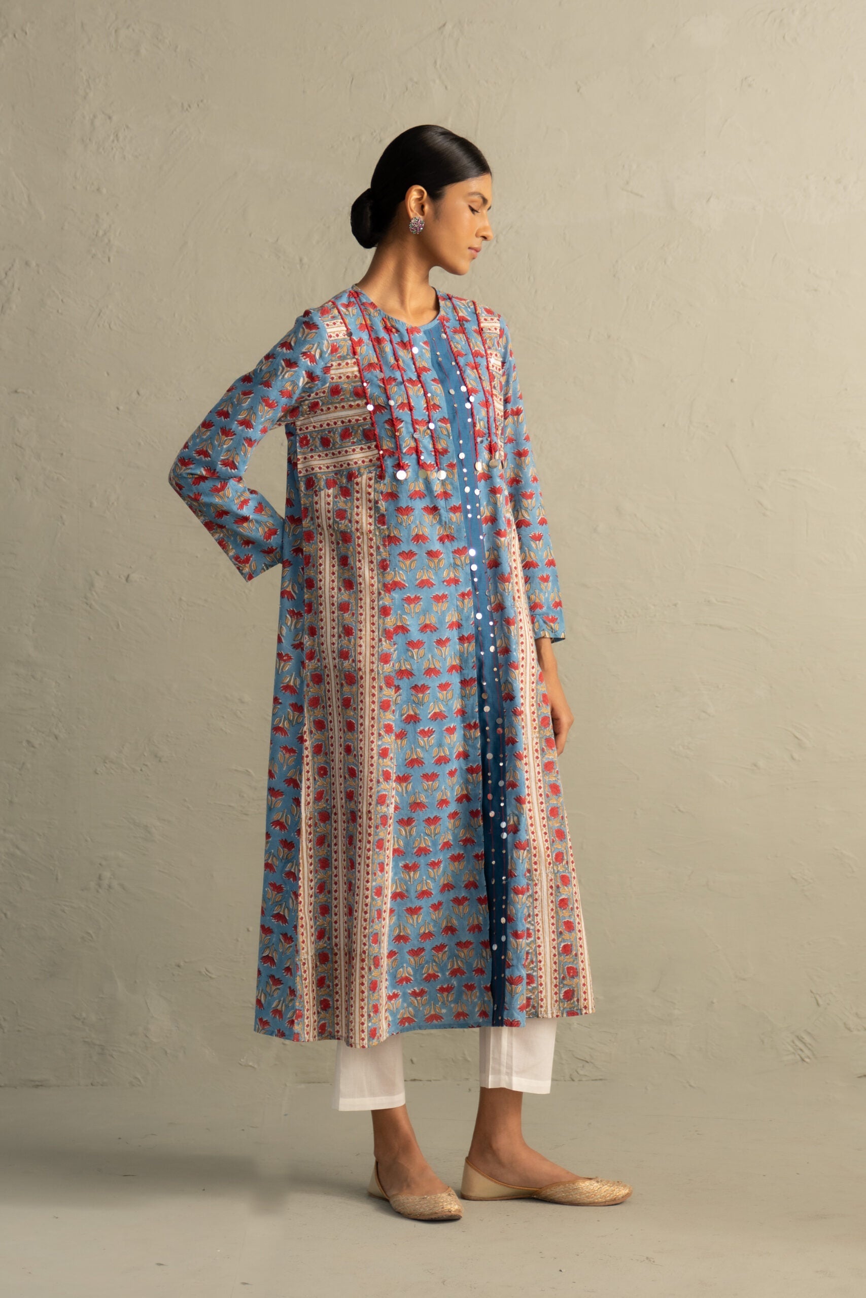 Blue Hand Block Placket Kurta Set