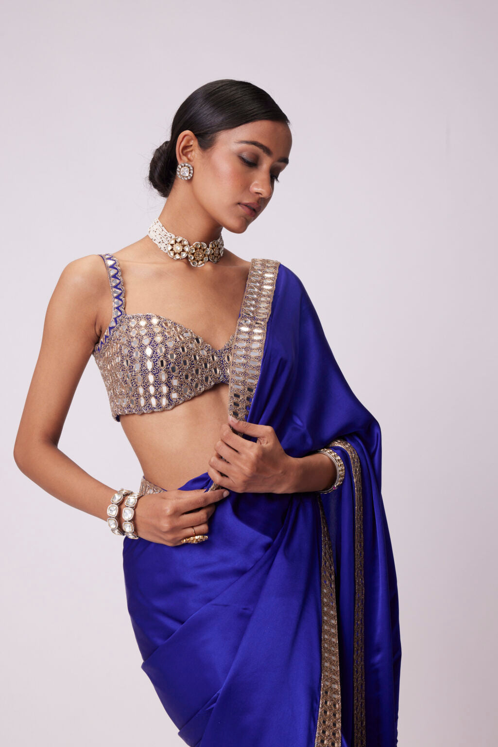 Image of PERSIAN BLUE HAND EMBROIDERED SATIN SAREE SET