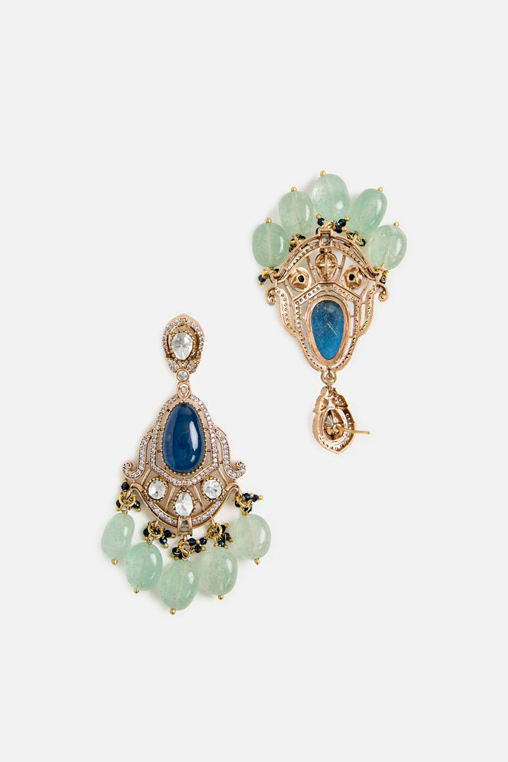 Royal Blue Stone & Green Beaded Kundan Necklace Set