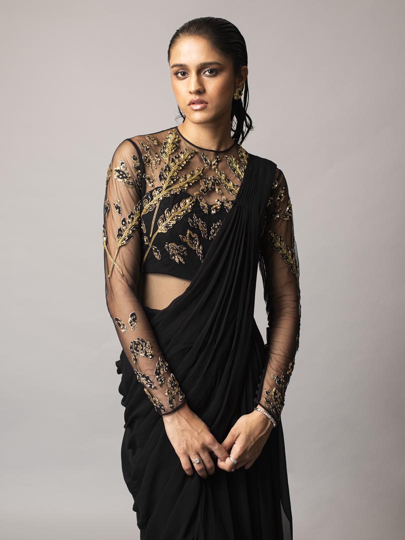Black Embellished Saree Gown
