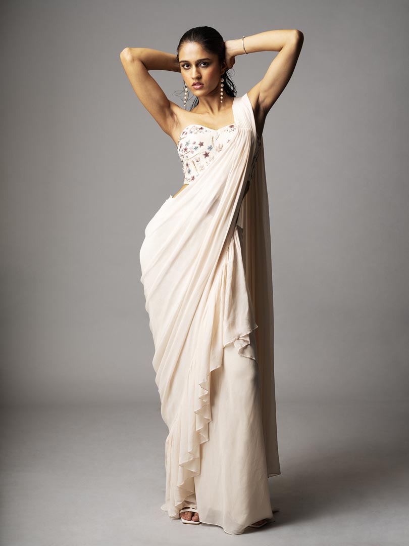 Ivory Drape Cascade Saree