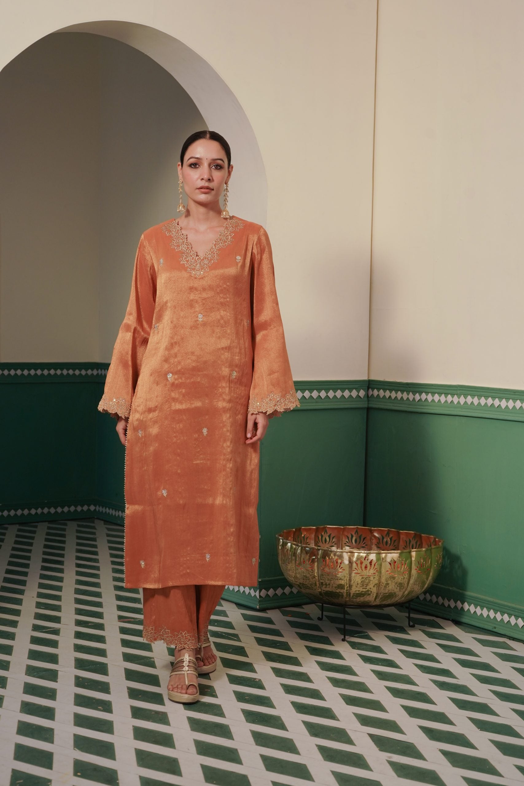 Image of Amber Zari Tissue Kurta and Wide Leg Pants with Zari rose and sequins embroidery for women